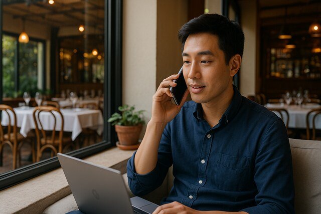 Man using smartphone in a restaurant to make a booking.