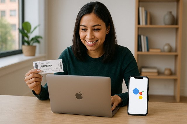Woman booking event ticket with Google Assistant on phone.