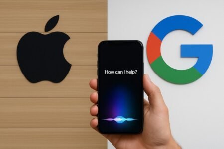 Smartphone with Siri interface between Apple and Google logos.