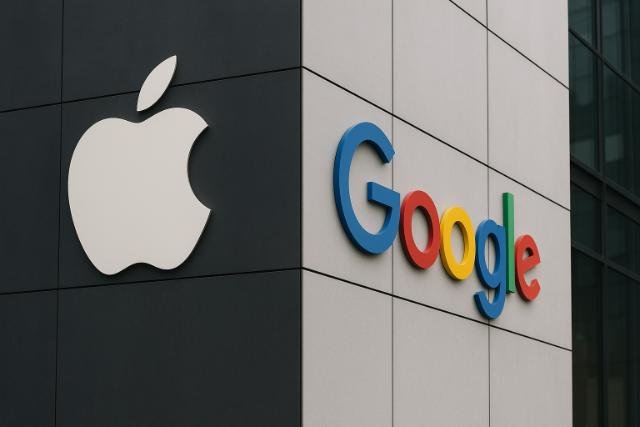 Apple and Google logos on a building wall symbolizing AI partnership