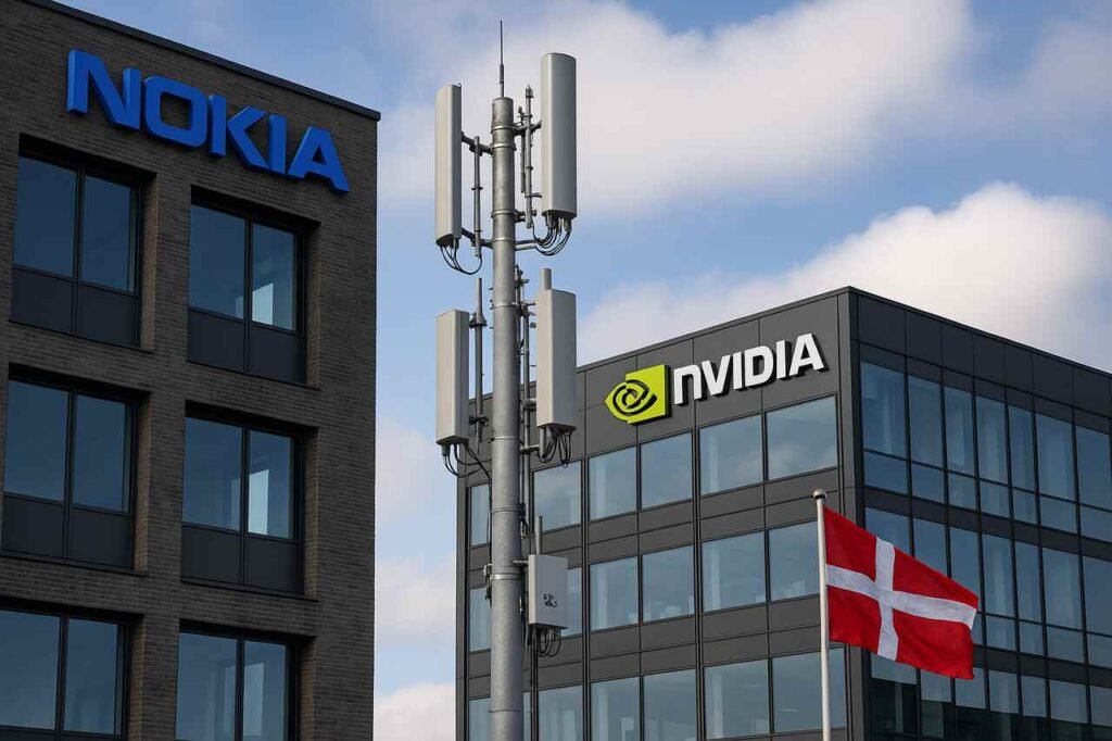 5G tower with Nokia, Nvidia buildings and Danish flag in the background