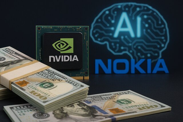 Nvidia chip, Nokia logo, and money stacks symbolizing AI investment