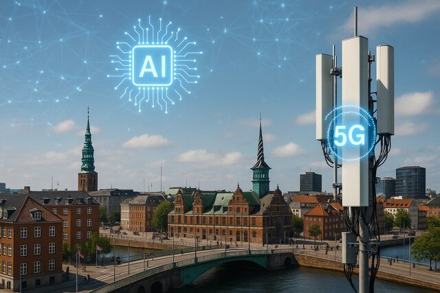 AI-integrated 5G tower in Copenhagen Denmark with historic city in background.