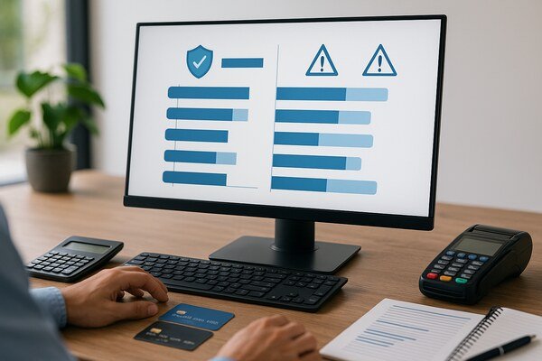 A person viewing a comparison chart of high-risk payment providers on a computer, with credit cards, calculator, notebook, and a payment terminal on the desk.