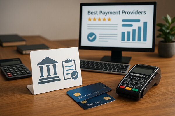 A payment terminal, credit cards, calculator, and computer screen on a wooden desk representing evaluation of payment providers.