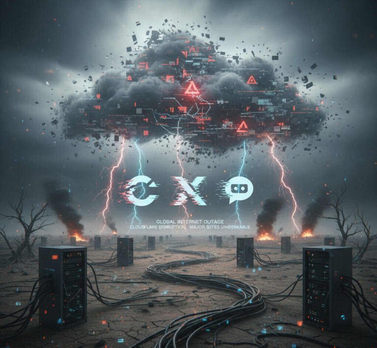 Global Internet Outage: Cloudflare Disruption Hits ChatGPT, X, and Major Sites A dark, dramatic, dystopian landscape depicting a massive global internet outage. A menacing black cloud above is disintegrating with glowing red digital error symbols, bolts of lightning striking down. The cloud features stylized, glowing icons for 'C' (for Cloudflare), 'X' (for the social media platform), and a speech bubble icon (for ChatGPT), symbolizing the impacted services.
