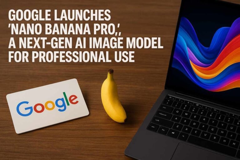 A flat-lay scene on a wooden desk featuring a Google logo card, a small yellow banana, and a laptop displaying vibrant abstract digital artwork.