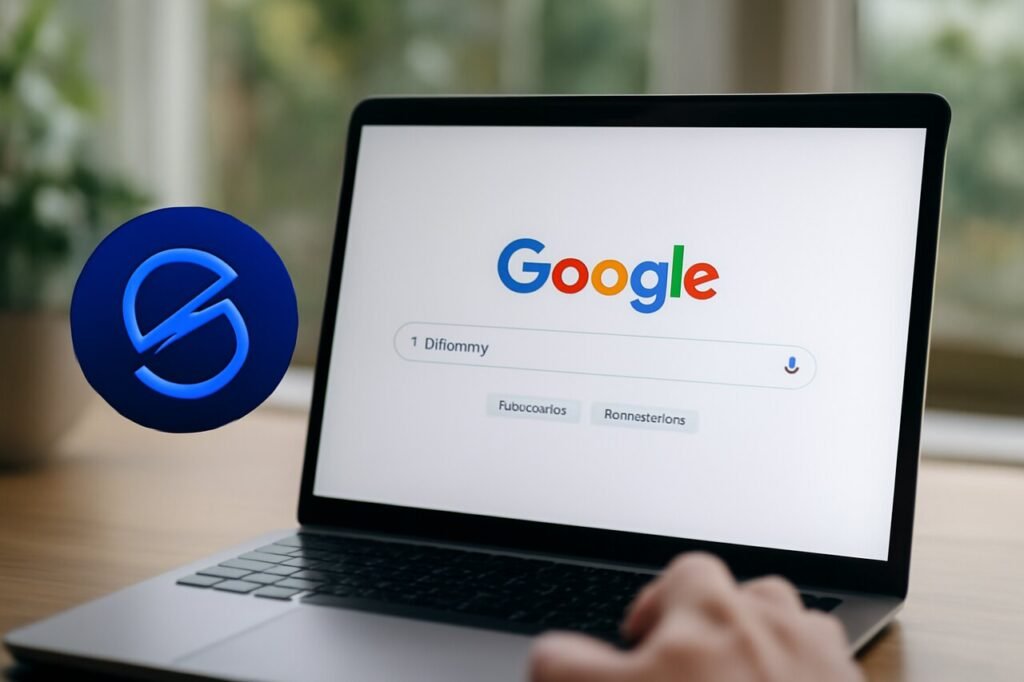 A person is using a laptop with the Google homepage open, displaying the search term "Gemini 3." A circular Gemini icon is overlaid on the image, symbolizing the Gemini AI model. The laptop is placed on a wooden surface with natural light from a window.