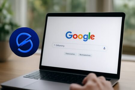 A person is using a laptop with the Google homepage open, displaying the search term "Gemini 3." A circular Gemini icon is overlaid on the image, symbolizing the Gemini AI model. The laptop is placed on a wooden surface with natural light from a window.