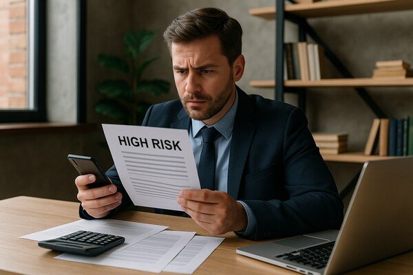 A businessman in a suit reviewing a document labeled "High Risk" while sitting at an office desk with a phone, calculator, and laptop.