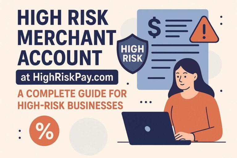 High Risk Merchant Account at HighRiskPay.com: A Complete Guide for High-Risk Businesses Woman at laptop with high-risk account icons and HighRiskPay.com branding.