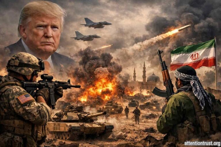 Realistic depiction of escalating US–Iran military conflict with US and Iranian forces facing off amid explosions, fighter jets, missile launches, and a tense wartime atmosphere.