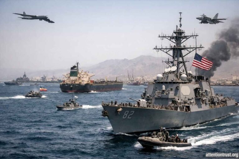 A realistic military scene in the Strait of Hormuz showing a large U.S. warship in the foreground, an oil tanker in the middle distance, smaller patrol boats on the water, and military aircraft overhead near a smoky coastal port.