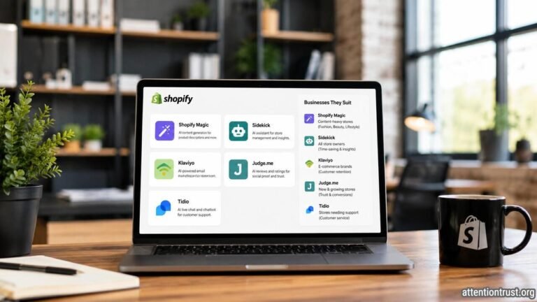 Modern office workspace featuring a laptop displaying AI-powered Shopify tools for eCommerce, with a clean desk, notebook, coffee mug, indoor plants, and a bright contemporary office
