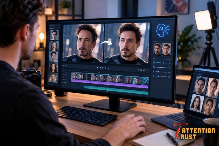 The Best AI Face Swap Video Tools in 2026 – A Real Breakdown Realistic AI face swap video editing setup showing a creator working with face replacement software on multiple screens.